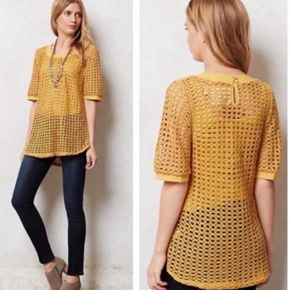 Anthropologie Angel of north crochet XL sweater Large Mustard - Picture 2 of 6